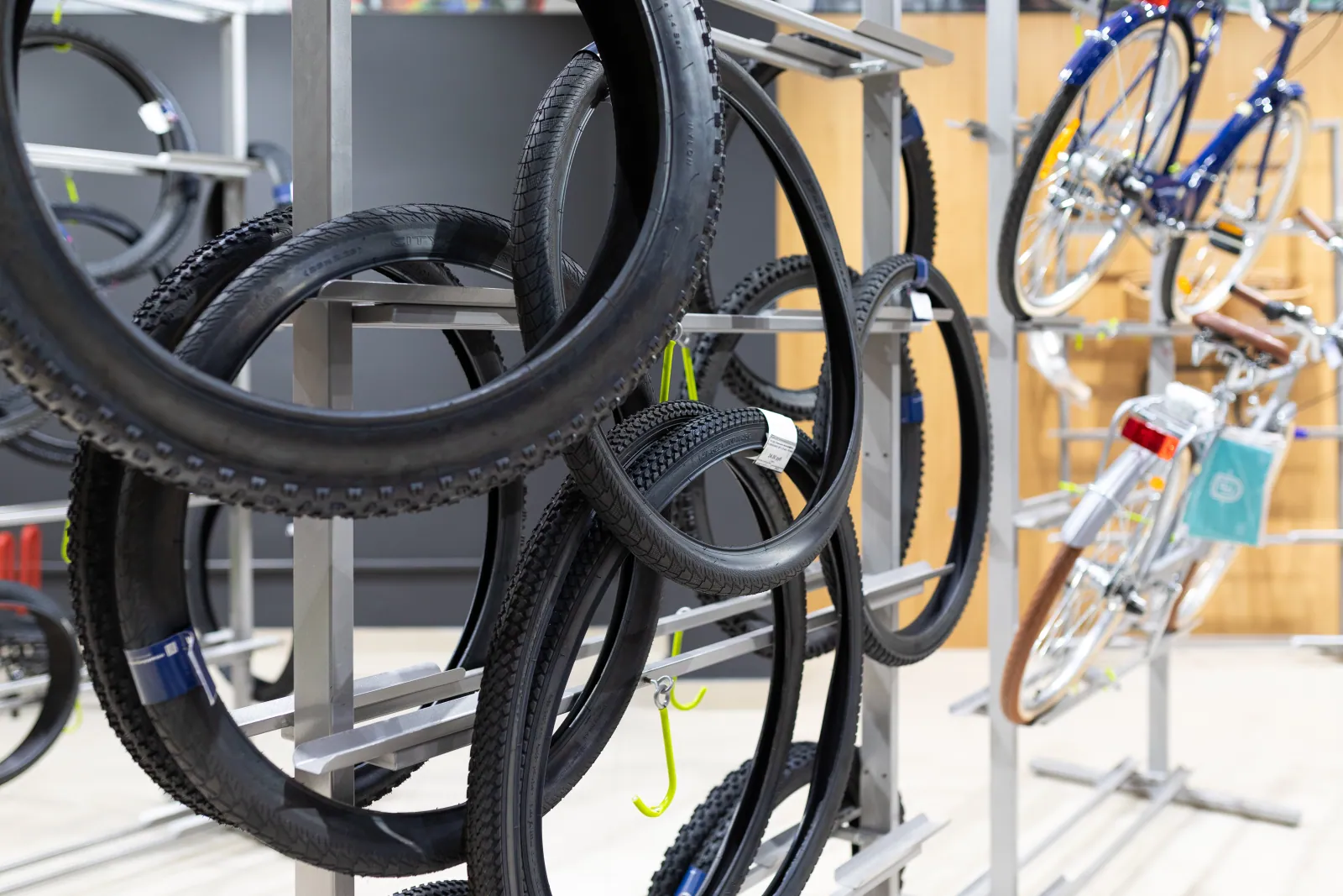 Wheelset and stacked tires, neutral surface ready for private-label branding